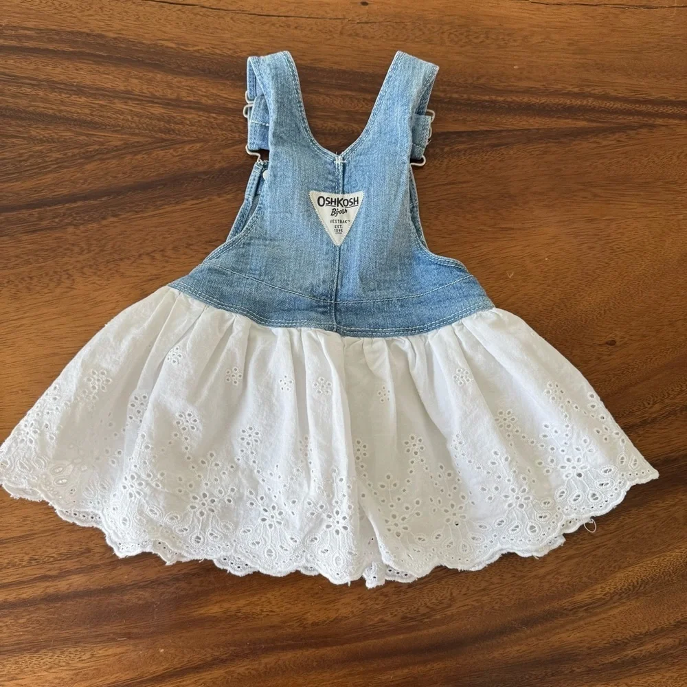 OshKosh B'gosh Blue Denim and White Eyelet Overalls Size 12M